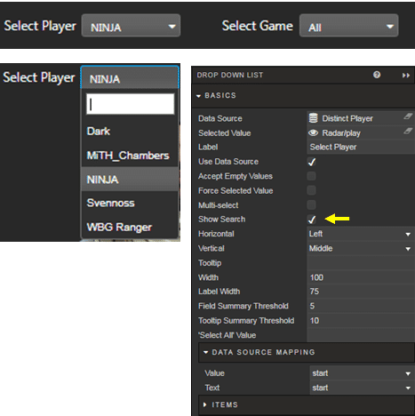 KX Dashboard, Dropdown Components to Select the Player and the Game Type - KX
